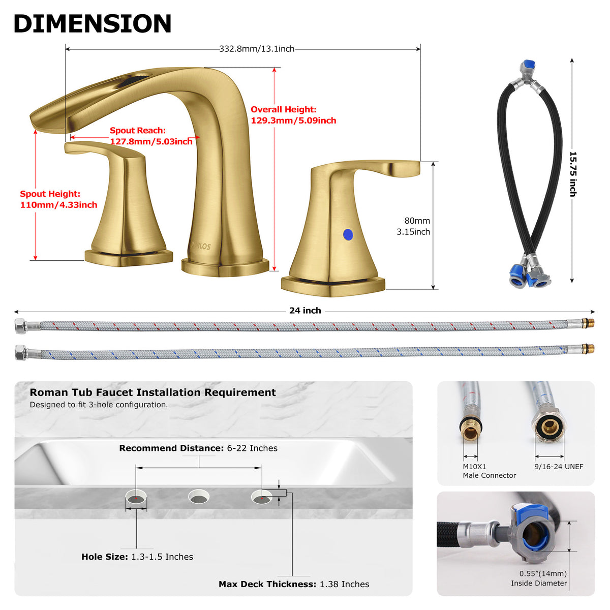 High Flow Deck Mount Tub Faucet Black With 2-Handle Widespread Roman Tub Filler Deck Mounted Bthtub Faucet With Hot & Cold Supply Lines With Valve RIGOBAL - View #5