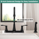PARLOS 8 Inch Two Handles High Arch Kitchen Sink Faucet with Side Sprayer & Supply Lines, Matte Black, Demeter 1413804