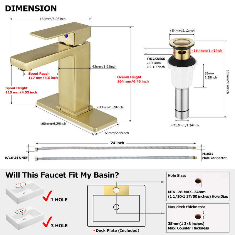 EZANDA Brass Single Handle Bathroom Sink Faucet Lavatory Vanity Pop Up Drain Stopper Water Supply Lines Brushed Gold (1416608)