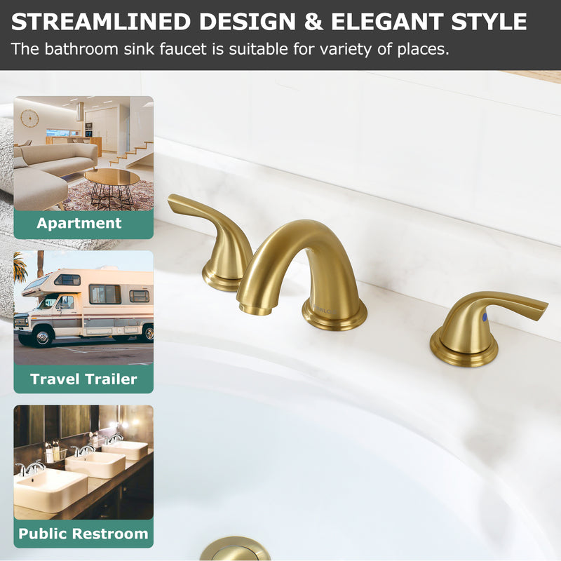 PARLOS Widespread 2 Handles Bathroom Sink Faucet 8 inch Deck Mount 3 Hole Lavatory Vanity Faucet, 1.2GPM, Brushed Gold, 1435008PD