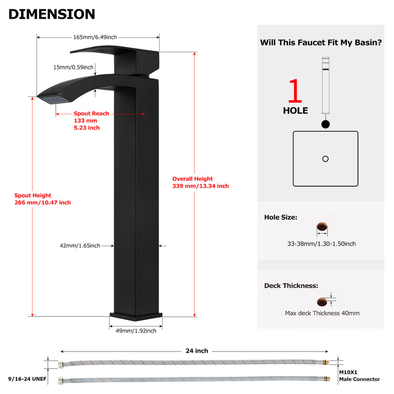 EZANDA Waterfall Vessel Sink Faucet Tall Bathroom Faucet Single Handle, Single Hole Bowl Basin Mixer Tap with Water Supply Lines, Matte Black, 1440704D