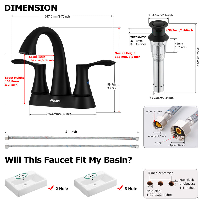 PARLOS Matte Black 2-Handle Bathroom Sink Faucet with Metal Drain Assembly and and Faucet Supply Lines (1.2GPM), 1362504P