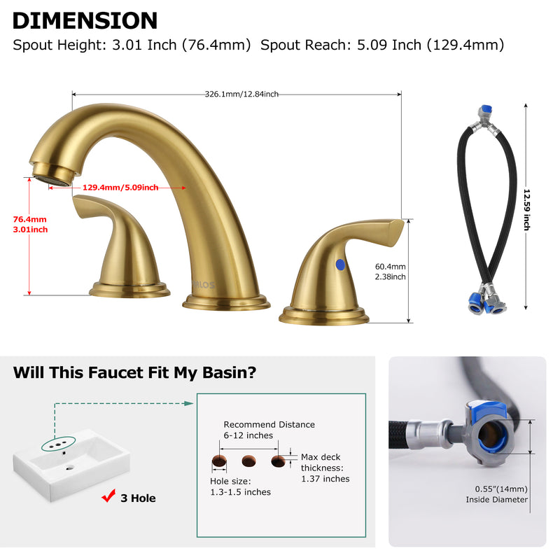 PARLOS Widespread 2 Handles Bathroom Sink Faucet 8 inch Deck Mount 3 Hole Lavatory Vanity Faucet, 1.2GPM, Brushed Gold, 1435008PD