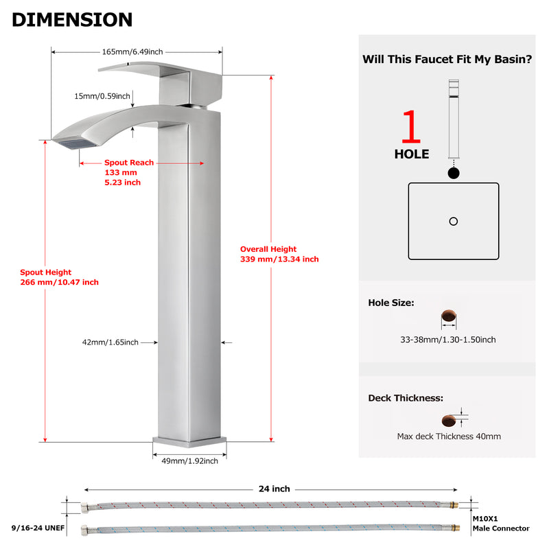 EZANDA Waterfall Vessel Sink Faucet Tall Bathroom Faucet Single Handle, Single Hole Bowl Basin Mixer Tap with Water Supply Lines, Brushed Nickel, 1440702D