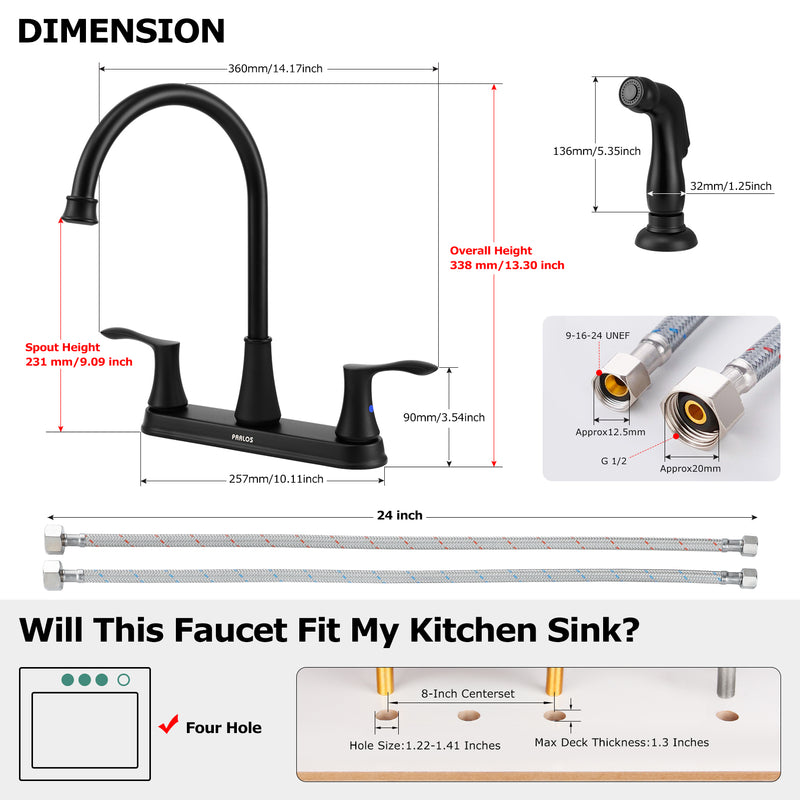 PARLOS 8 Inch Two Handles High Arch Kitchen Sink Faucet with Side Sprayer & Supply Lines, Matte Black, Demeter 1413804