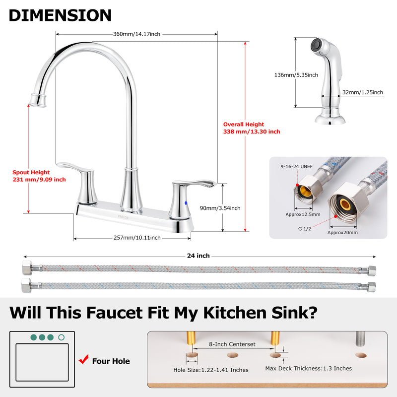 PARLOS 8 Inch Two Handles High Arch Kitchen Sink Faucet with Side Sprayer & Supply Lines, Chrome, Demeter 1413801