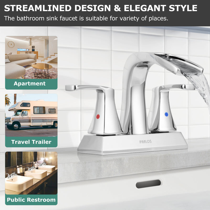 PARLOS 2 Handles Waterfall Bathroom Faucet with Pop-up Drain and Faucet Supply Lines, Chrome, Doris 1406801