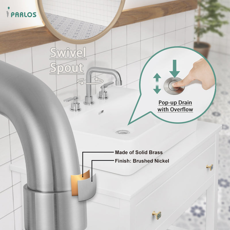 PARLOS Two-Handle Widespread Bathroom Sink Faucet Three Hole Lavatory Faucet with Metal Pop-up Sink Drain Brushed Nickel, 1436002