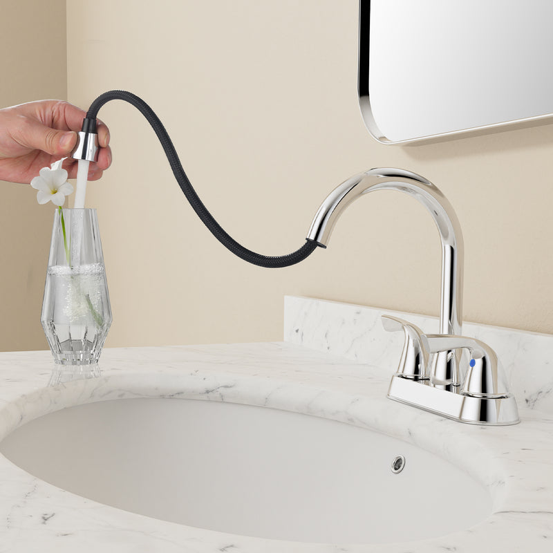 PARLOS Bathroom Sink Faucet with Pull Out Sprayer, 2 Handle Bathroom Pull Down Faucet with 360 Swivel Spout, Centerset 4 Inch Vanity Sink Faucet, Chrome, 1.2 GPM, 1438901P