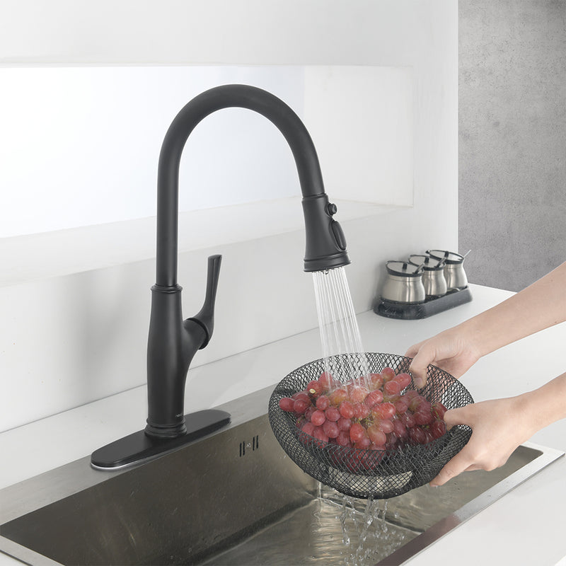 NEWATER Single Handle Pull Down Kitchen Faucet with Deck Plate & Supply Lines, Matte Black, 9001011