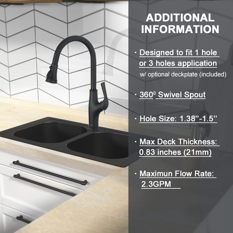 NEWATER Single Handle Pull Down Kitchen Faucet with Deck Plate & Supply Lines, Matte Black, 9001011