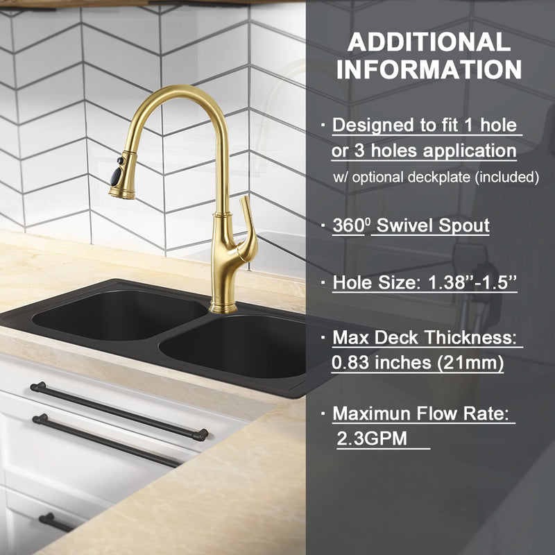 NEWATER Single Handle Pull Down Kitchen Faucet with Deck Plate & Supply Lines, Brushed Gold, 9001041