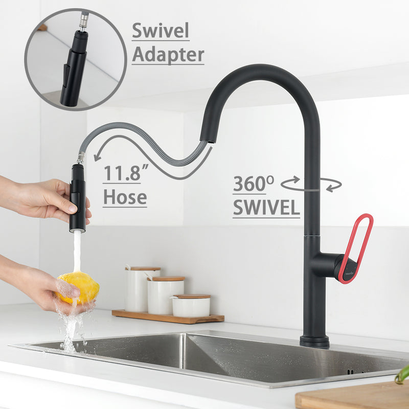 NEWATER Single Handle Pull Down Kitchen Faucet with Deck Plate & Supply Lines, Matte Black, 9002011