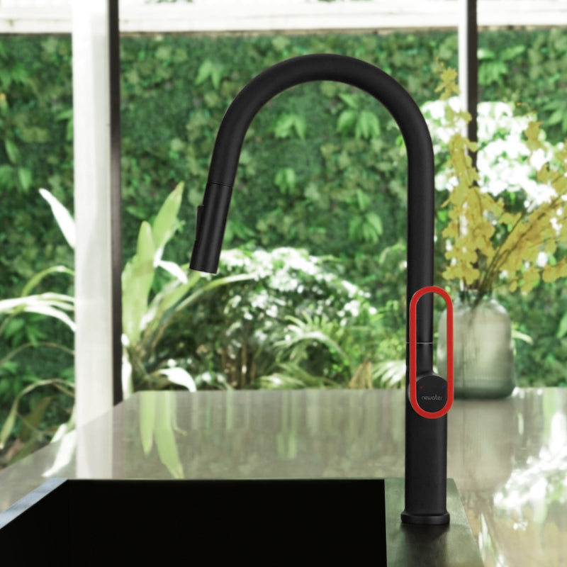 NEWATER Single Handle Pull Down Kitchen Faucet with Deck Plate & Supply Lines, Matte Black, 9002011