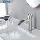 Spring Waterfall Spout Single Handle Bathroom Sink Faucet with Pop Up Drain Brushed Nickel