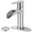 Spring Waterfall Spout Single Handle Bathroom Sink Faucet with Pop Up Drain Brushed Nickel