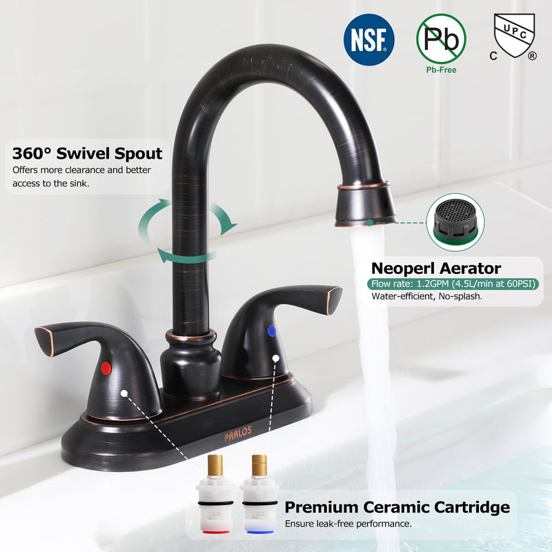 PARLOS Two-Handle Bathroom Sink Faucet with Metal Drain Assembly and Supply Hose Lead-Free cUPC Mixer Double Handle Tap Laundry Utility Faucet, Oil Rubbed Bronze, 1.2 GPM (13592P)