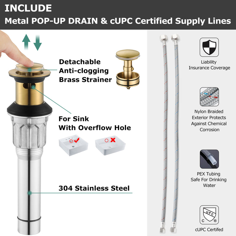 PARLOS 2 Handles Waterfall Bathroom Sink Faucet with Pop-up Drain and Faucet Supply Lines, Brushed Gold, 1.2 GPM (1406808P)