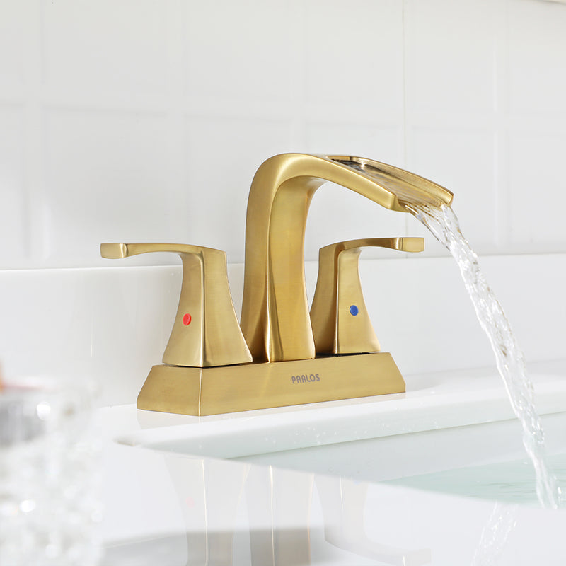 PARLOS 2 Handles Waterfall Bathroom Faucet with Pop-up Drain and Faucet Supply Lines, Brushed Gold, Doris,1.5GPM（1406808）