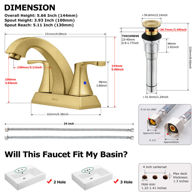 PARLOS 2 Handles Bathroom Faucet with Metal Pop-up Drain and Faucet Supply Lines, Brushed Gold, 1.2 GPM (1407208P)