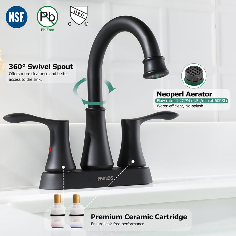 PARLOS Swivel Spout 2-Handle Lavatory Faucet Bathroom Sink Faucet with Metal Pop-up Drain and Faucet Supply Lines, Matte Black, 1.2 GPM（14134P）