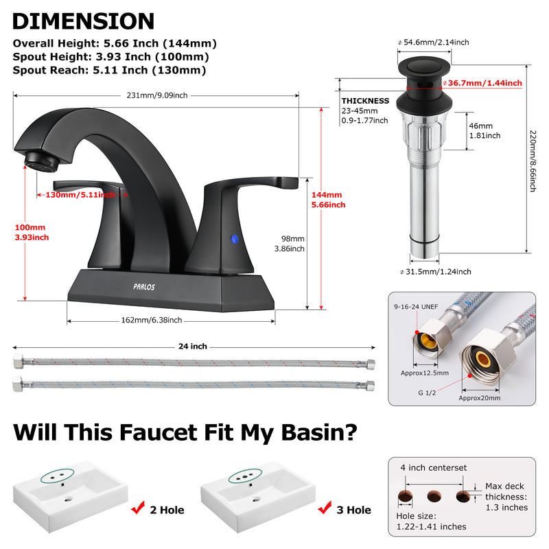 PARLOS 2 Handles Bathroom Faucet with Pop-up Drain and Faucet Supply Lines, Matte Black, Doris,1.5GPM（14255）