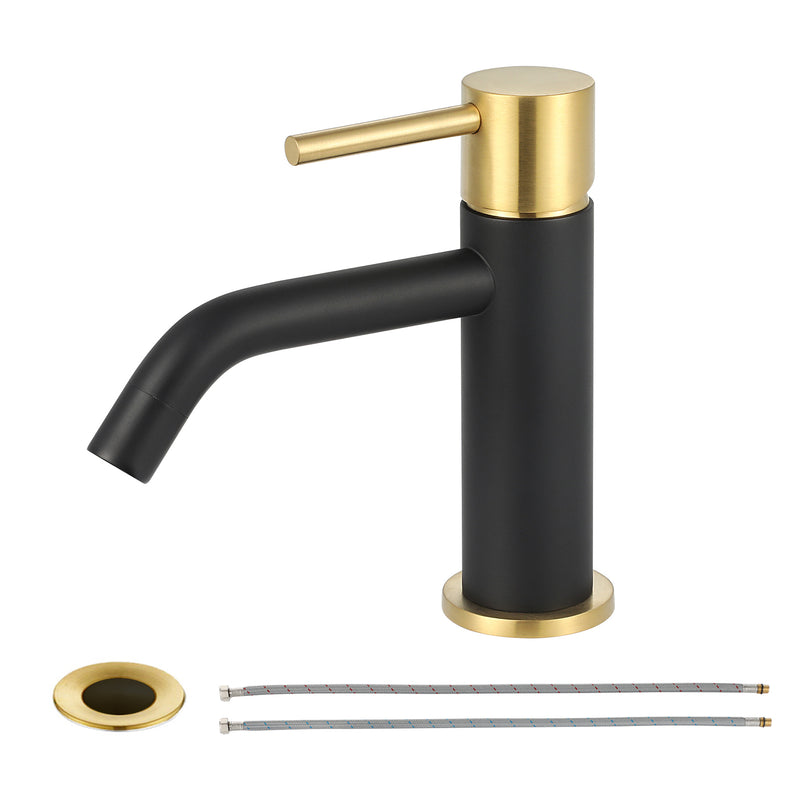 EZANDA Brass Single Handle Bathroom Faucet with Pop-up Sink Drain Assembly & Faucet Supply Lines, Matte Black with Brushed Gold (1431110)
