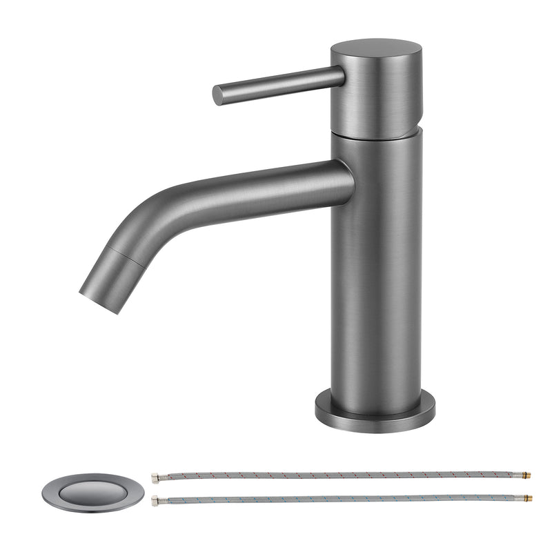 EZANDA Brass Single Handle Bathroom Faucet with Pop-up Sink Drain Assembly & Faucet Supply Lines, Gunmetal (1431111)