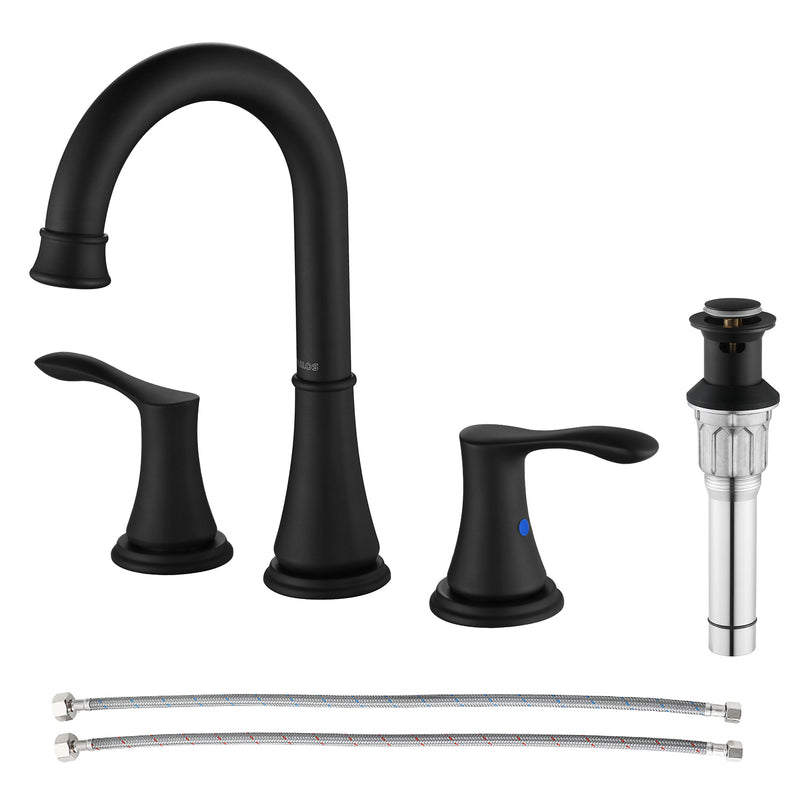 PARLOS 2-Handle 8 inch Widespread Bathroom Faucet with Valve and Pop Up Drain Assembly and cUPC Faucet Supply Hoses, Matte Black, Demeter,1.5GPM (13653)