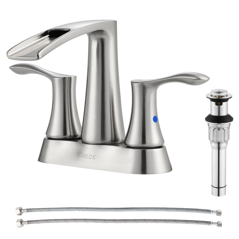 PARLOS 2 Handles Waterfall Bathroom Faucet with Pop-up Drain and Faucet Supply Lines, Brushed Nickel, Demeter 1431702