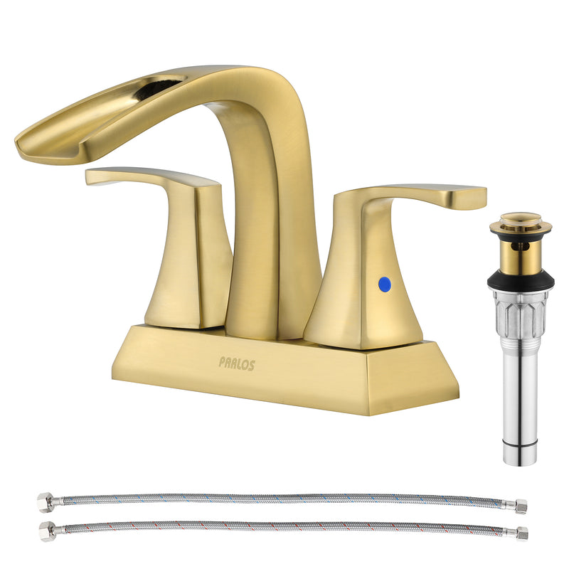 PARLOS 2 Handles Waterfall Bathroom Faucet with Pop-up Drain and Faucet Supply Lines, Brushed Gold, 1.2 GPM (1406808P)
