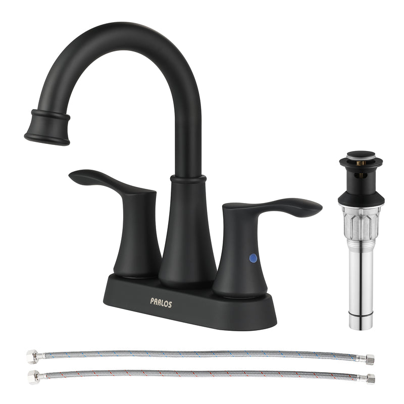 PARLOS Swivel Spout 2-Handle Lavatory Faucet Bathroom Sink Faucet with Metal Pop-up Drain and Faucet Supply Lines, Matte Black, 1.2 GPM（14134P）