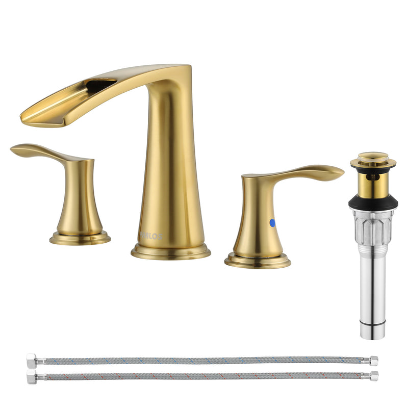 PARLOS Waterfall Widespread Bathroom Faucet Double Handles with Pop Up Drain & cUPC Faucet Supply Lines, Brushed Gold, Demeter 1431808