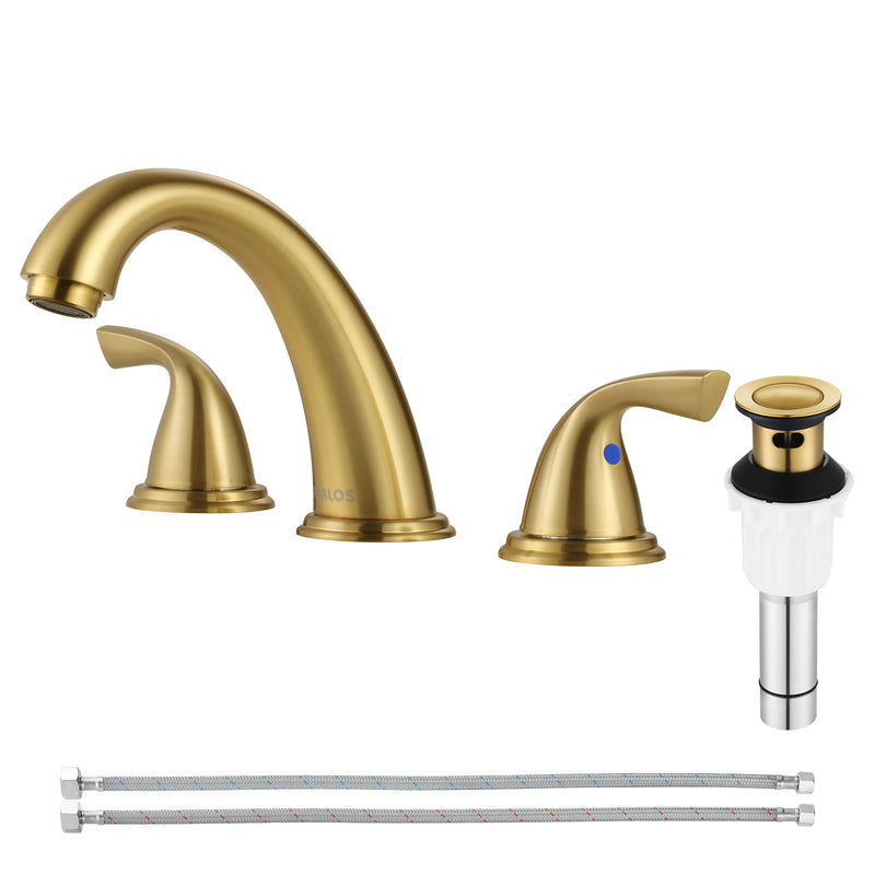 PARLOS Widespread Two Handles Bathroom Faucet with Metal Pop Up Drain and cUPC Faucet Supply Lines, Brushed Gold (1435008)