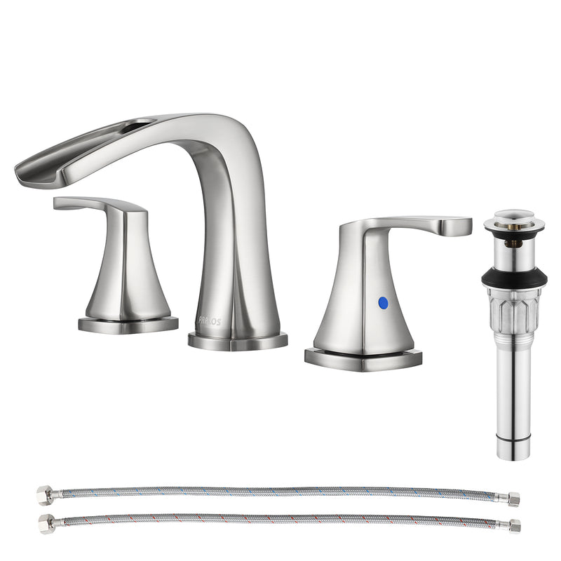 PARLOS Waterfall Widespread Bathroom Faucet Double Handles with Metal Pop Up Drain & cUPC Faucet Supply Lines, Brushed Nickel, 1.2 GPM (14070P)