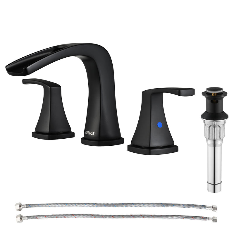 PARLOS Waterfall Widespread Bathroom Faucet Matte Black with Metal Pop Up Drain & cUPC Faucet Supply Lines, 1.2 GPM (1407004P)