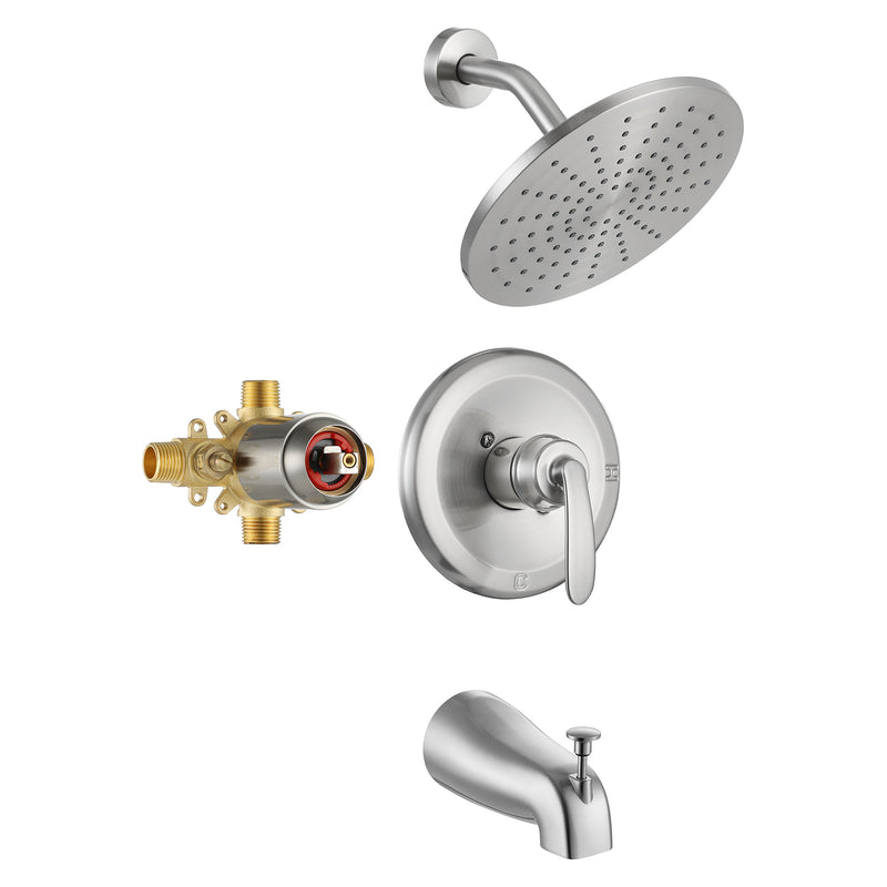 PARLOS Shower System, Shower Faucet Set with Tub Spout(Valve Included), 9 Inch Single-Function Rain Shower Head and Tub Spout with Diverter, Brushed Nickel,1.8gm (1437002P)