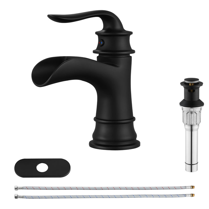 PARLOS Single Handle Bathroom Faucet with Deck Plate, Metal Pop Up Drain and cUPC Faucet Supply Lines, Matte Black  (1434904)