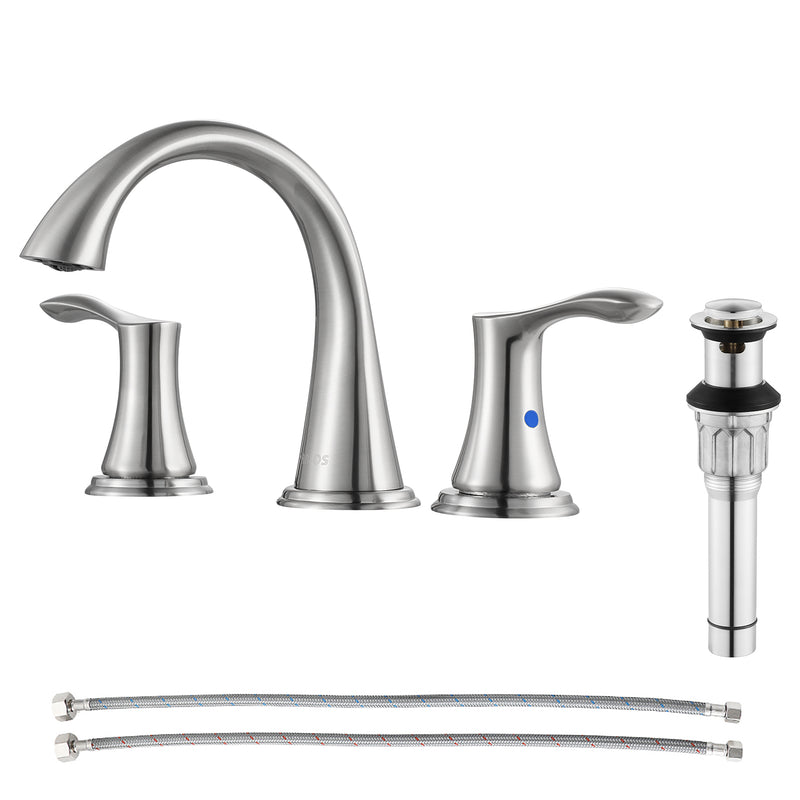 PARLOS Widespread 2 Handles Bathroom Faucet with Metal Pop Up Sink Drain and cUPC Faucet Supply Lines, Brushed Nickel, 1.2 GPM (13647P)