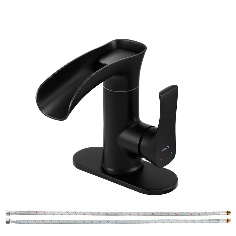 PARLOS Waterfall Bathroom Faucet with Swivel Spout, Single Handle Vanity Sink Faucet, Single Hole Basin Mixer Tap with Water Supply Lines, Matte Black, 1437904PD