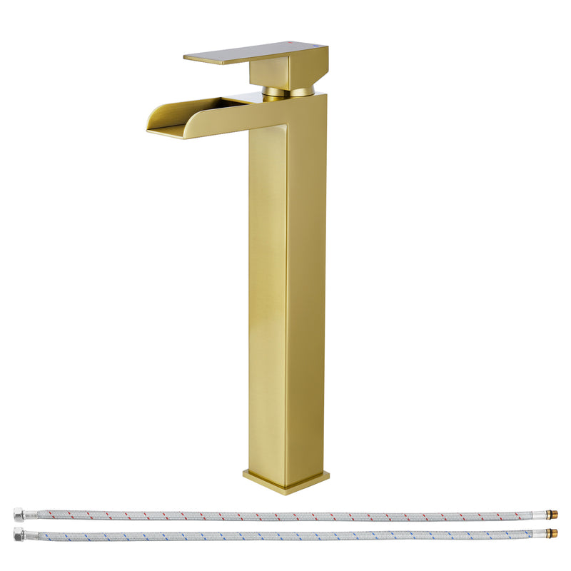 PARLOS Waterfall Vessel Sink Faucet Tall Bathroom Faucet Single Handle, Single Hole Bowl Basin Mixer Tap with Water Supply Lines, Brushed Gold, 1441108D