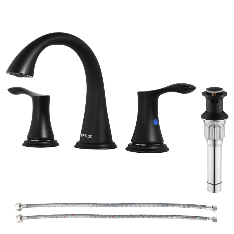 PARLOS Widespread 2 Handles Bathroom Faucet with Metal Pop Up Sink Drain and cUPC Faucet Supply Lines, Matte Black, 1.2 GPM（14135P）