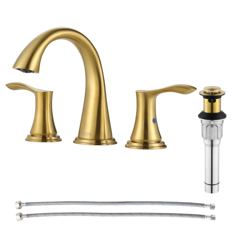 PARLOS Widespread 2 Handles Bathroom Faucet with Metal Pop Up Sink Drain and cUPC Faucet Supply Lines, Brushed Gold, 1.2 GPM (1364708P)