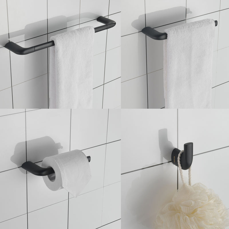 PARLOS Brass Bathroom Accessory Hareware Set 4 Pack Included Towel Bar, Hand Towel Holder, Toilet Paper Holder, Robe Hook , Matte Black, Demeter (2101504)