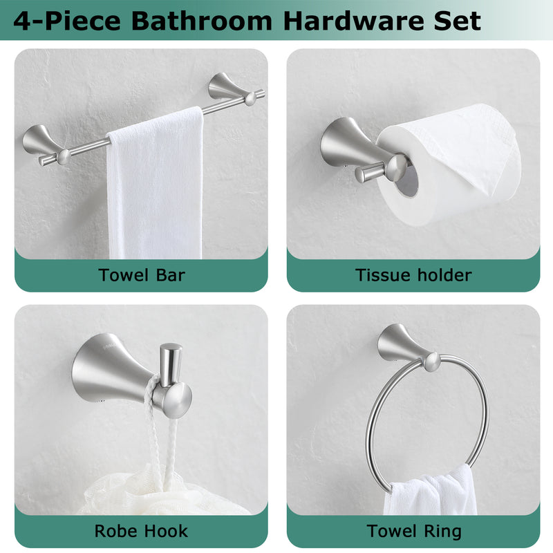 PARLOS Brushed Nickel 4-Piece Bathroom Accessory Hardware Set Package with Towel Bar, Hand Towel Holder, Toilet Paper Holder, Robe Hook, 2102002