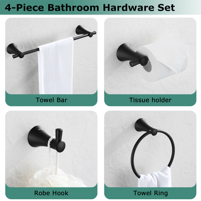 PARLOS Matte Black 4-Piece Bathroom Accessory Hardware Set Package with Towel Bar, Hand Towel Holder, Toilet Paper Holder, Robe Hook, 2102004