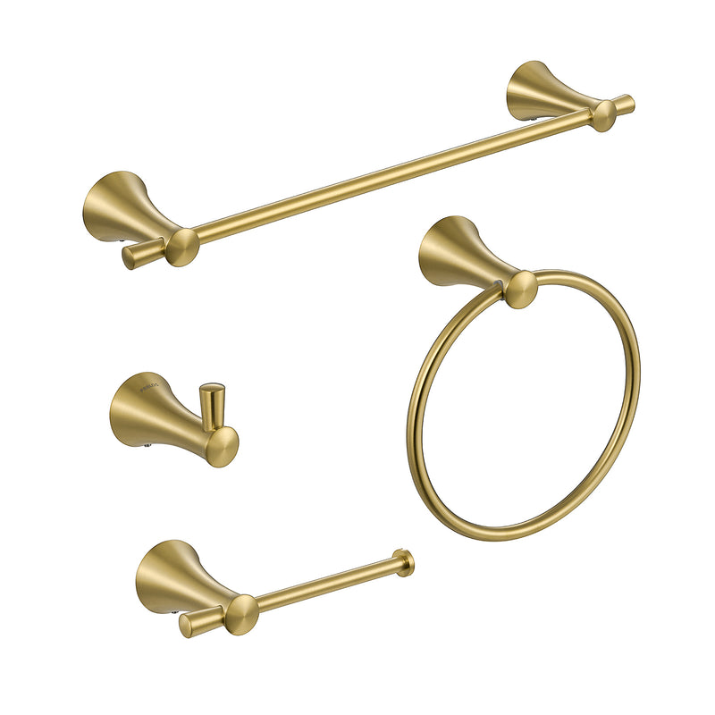 PARLOS Brushed Gold 4-Piece Bathroom Accessory Hardware Set Package with Towel Bar, Hand Towel Holder, Toilet Paper Holder, Robe Hook, 2102008