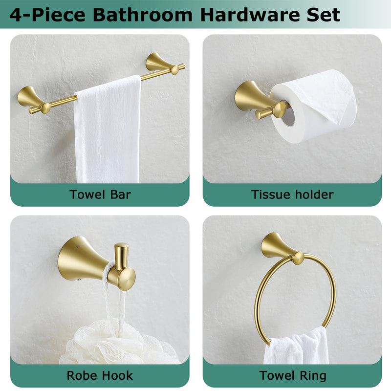 PARLOS Brushed Gold 4-Piece Bathroom Accessory Hardware Set Package with Towel Bar, Hand Towel Holder, Toilet Paper Holder, Robe Hook, 2102008