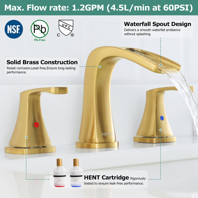 PARLOS Waterfall Widespread Bathroom Sink Faucet 2 Handles with Metal Pop Up Drain & cUPC Faucet Supply Lines, Brushed Gold, 1.2 GPM (1407008P)