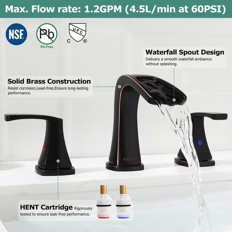 PARLOS Waterfall Widespread Bathroom Sink Faucet 2 Handles with Metal Pop Up Drain & cUPC Faucet Supply Lines, Oil Rubbed Bronze, 1.2 GPM（14071P）